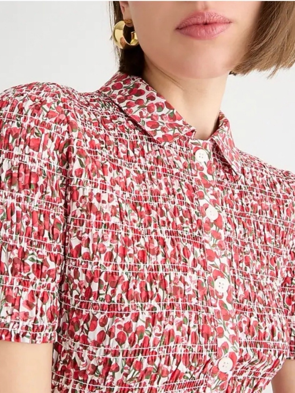 J. Crew Smocked button-up shirt in Liberty® Eliza's Red fabric NWOT size L